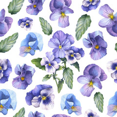 Hand drawn watercolor flowers seamless patterns. Blue viola flower. Watercolor botanical illustration. Image for textile, wrapping paper, wallpaper, romantic design.