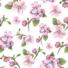 Fototapeta na wymiar Floral seamless pattern made of pink spring flowers. Apple blossom. Endless texture for romantic design, decoration, greeting cards, posters, invitations, advertisement, textile.