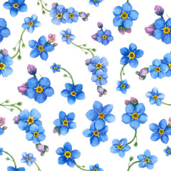 Floral seamless pattern made of blue spring flowers. Botanical watercolor illustration of forget-me-not flowers. Endless texture for romantic design, decoration, greeting cards, posters, invitations,