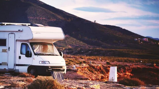 Camper camping on coast. Mediterranean region of Mazarron, Sierra de las Moreras in Murcia Spain. Motorhome vacation.