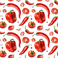 Seamless pattern of red vegetables. Bell pepper, hot pepper, cherry tomatoes. Hand-drawn watercolor illustration. Picture for textile, food design, menu, restaurant, label.