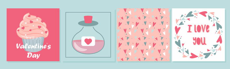 set of valentines day cards in flat style love, romance, flowers