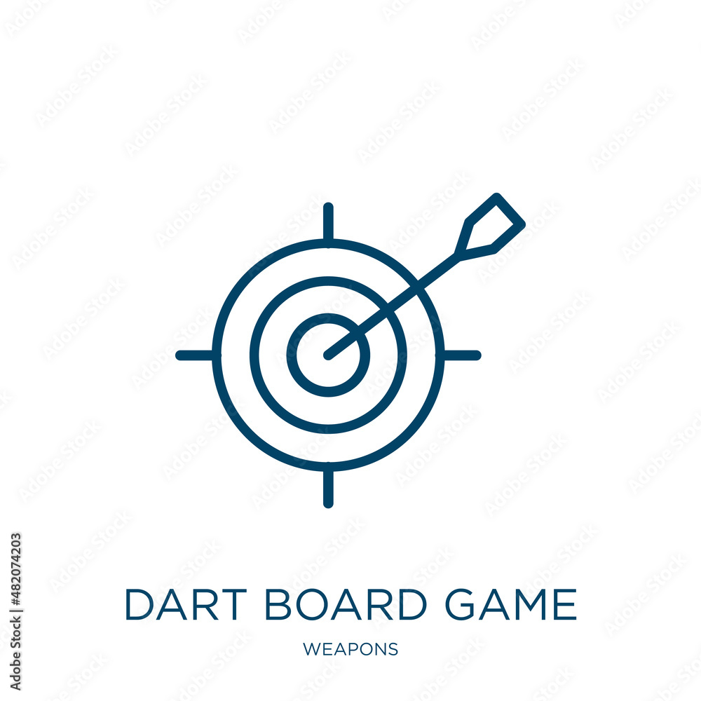 Poster dart board game icon from weapons collection. thin linear dart board game, game, aim outline icon is