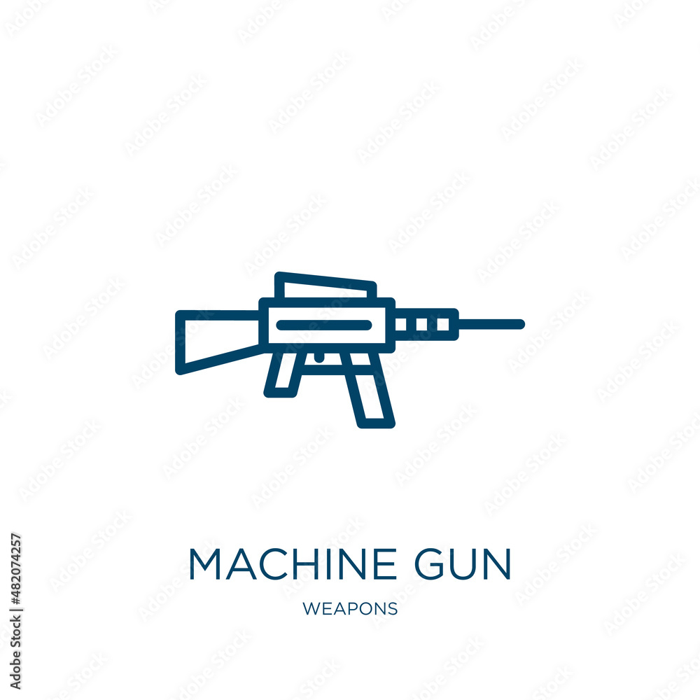 Poster machine gun icon from weapons collection. thin linear machine gun, gun, machine outline icon isolate