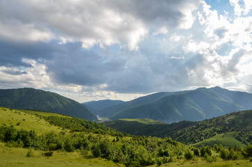 Fototapeta na wymiar River flowing through mountain valley covered with dense forests under cloudy sky. Carpathian mountains, Ukraine