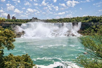 A closeup of the roaring waterfall at Niagara Falls