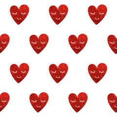 Red glitter hearts pattern with white eyes and smile on white background. Seamless pattern for wallpaper, wrapping paper, fabric, poster.