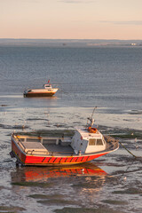 Obraz premium Moored boat illuminated by the rays of the setting sun on the shoal during low tide