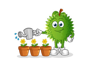 durian watering the flowers mascot. cartoon vector