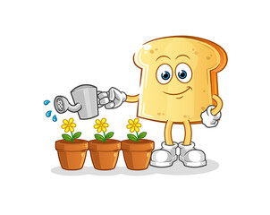 white bread watering the flowers mascot. cartoon vector