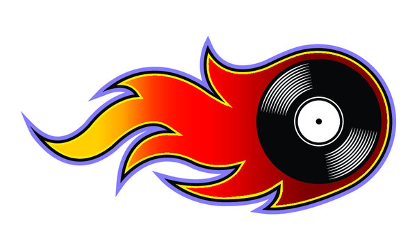 Retro vinyl record icon with flames vector art