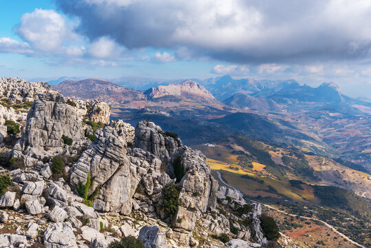 Landscape of the mountains of Malaga from the Torcal de Antequera natural area.
