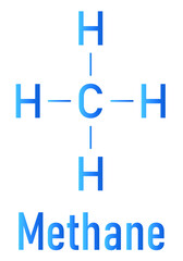 Fototapeta premium Methane natural gas molecule. Main component of natural gas and LNG, liquefied natural gas, and biogas, produced by fermentation. Skeletal formula.