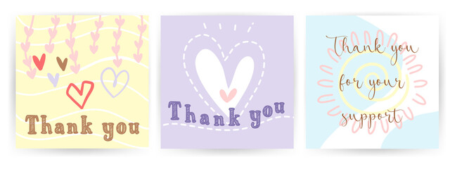 Obraz na płótnie Canvas Set 3 of cute pastel color square cards with hand draw doodle line art in minimalism style . Idea for customer thank you card Valentine's day theme,lovely and adorable