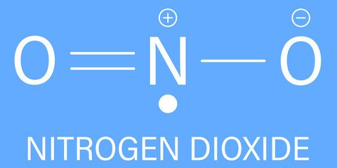 Nitrogen dioxide NO2 air pollution molecule. Free radical compound, also known as NOx. Skeletal formula.