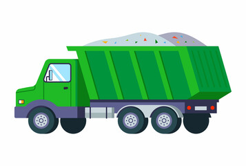 green dump truck carries a pile of sand. truck back view. flat vector illustration. © PlutusART