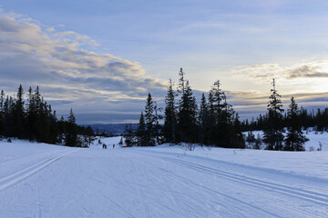 Cross-country skiing trail in Norway. View from high point of the slope in the mountain which is near a city in Norway. A cloudy afternoon in wintertime.