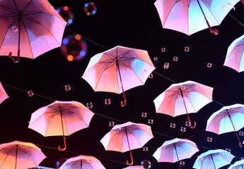 Pink umbrellas and bubbles