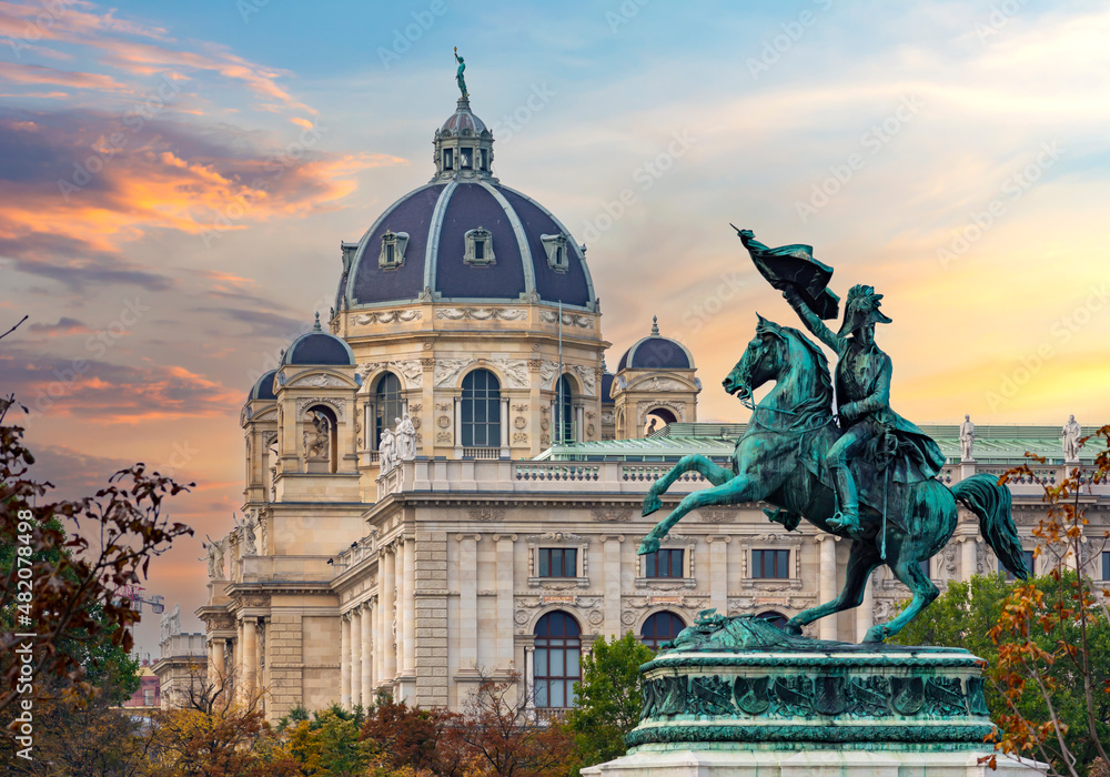 Wall mural Statue of Archduke Charles and Museum of Natural History dome, Vienna, Austria