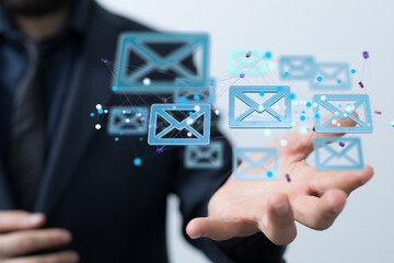 Abstract virtual postal envelopes sketch on blurry office buildings background, e-mail and marketing