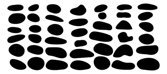 Fototapeta na wymiar Organic blob shape with irregular form abstract vector illustration. Random oval pebble, asymmetric stone, round amoeba blot. Set of simple graphic geometric stained. Black bubble blotch background