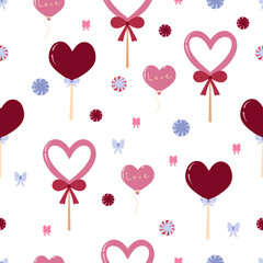 Beautiful seamless pattern for Valentines Day February 14. Festive decor. Sweet gifts, heart lollipops, bows. Vector illustration in flat and cartoon style in pink and lilac color