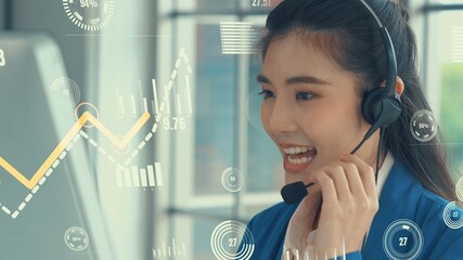 Customer support call center provide data with envisional graphic . Business and communication technology concept .