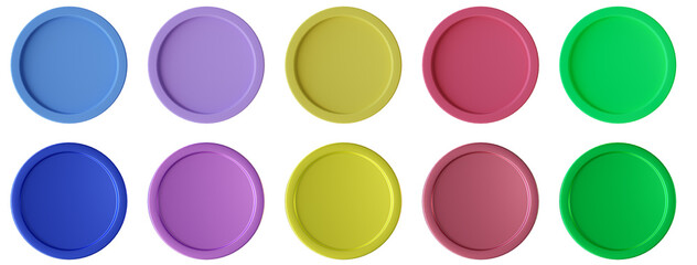 Isolated round frames in various colors, round backgrounds,colorful buttons. 3D render, 3D illustration.