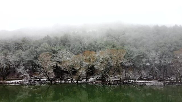 Aerial view of lake with Snow in winter. Crater Lake, Izmir - Turkey