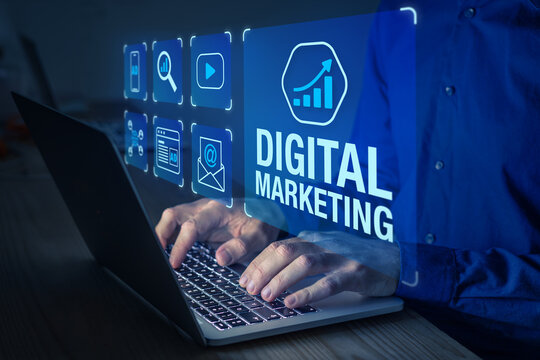 Digital Marketing Manager Working On Social Media Network Advertising, Online Ad On Internet Website, Mobile And Email Newsletter Communication Advertisement Campaign With SEO, PPC, ROI Strategy