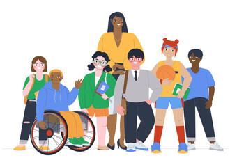 Teacher with a group of schoolchildren. Children with backpacks and textbooks. Boy in a wheelchair. Flat vector illustration