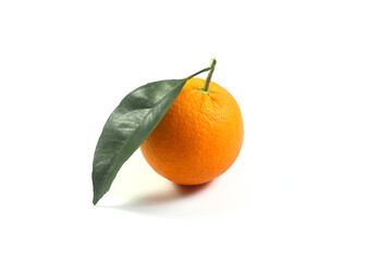 One ripe orange fruit with green leaf on white background. File contains clipping path.