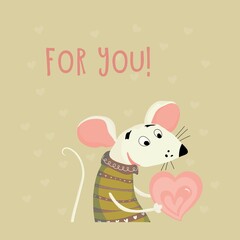 Cute little mouse holding a heart. Valentine's Day. Valentines day greeting card. Colorful design background with objects and symbols. Holidays invitation card, poster, banner. Vector illustrator.