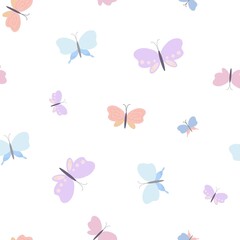 Obraz premium Fancy pastel-colored butterflies seamless pattern, vector illustration simple flat style, symbol of spring, Easter holidays celebration decor, clipart for cards, banner, springtime decoration