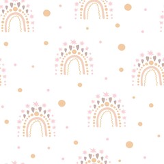 Regenbogen im böhmischen Stil, Sterne, nahtloses Muster mit Tupfen, einfache Cartoon-Vektorillustration, Wiederholungsornamente in zarten, trendigen Pastellfarben für Kinder, Kinderzimmerdekor, Poster, Textilien, Geschenkpapier