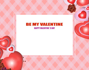 Valentine's day greeting card with central white box for text. decorated with hearts. pink diamond background