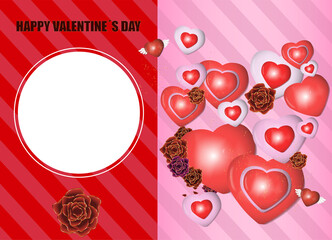 Pink striped Valentine's day greeting card. decorated with hearts, white circle for text on red background