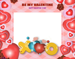 Valentine's day greeting card with central white box for text. decorated with hearts. pink diamond background. letters "XO" kisses and hugs