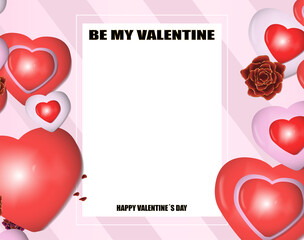 Valentine's day greeting card with central white box for text. decorated with hearts and roses. diagonal pink striped background