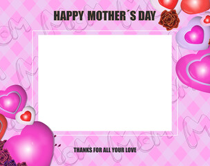 blank central square for text and logos. pink checkered background, decorated with hearts, roses and letters "mom"