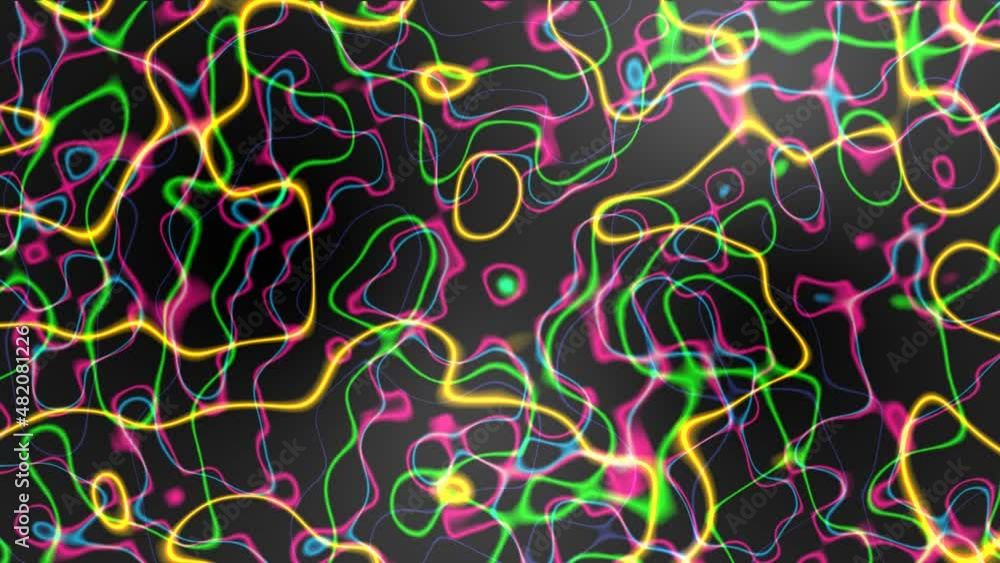 Poster neon animated rainbow background of chaotic circles. movement of luminous lines. the texture of spar