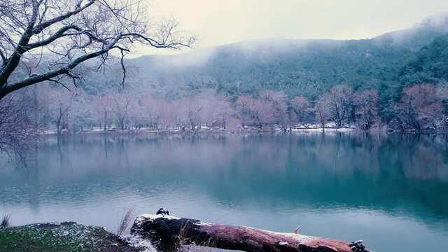 Crater lake during snowfall in winter. Izmir - Turkey