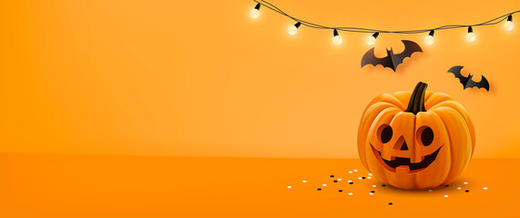 Halloween background with lamps light, pumpkin and Halloween Elements on orange color background.Website spooky,Background or banner Halloween template