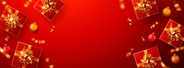 Merry Christmas and Happy New Year banner with red gift boxs and christmas balls on red background