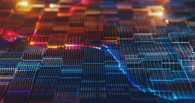 Network connection, communication grid motion graphic. Digital data with neon glow lights and lines. Grid format, Big data visualization, data center , ai , artificial intelligence concept. 4K loop