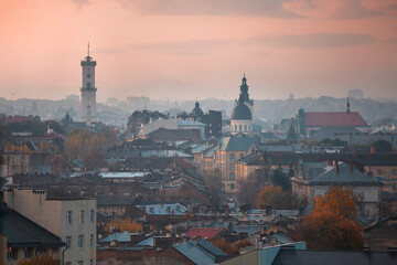 View of the city of Lviv. Sunrise