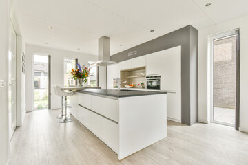 Interior of modern spacious kitchen with island counter