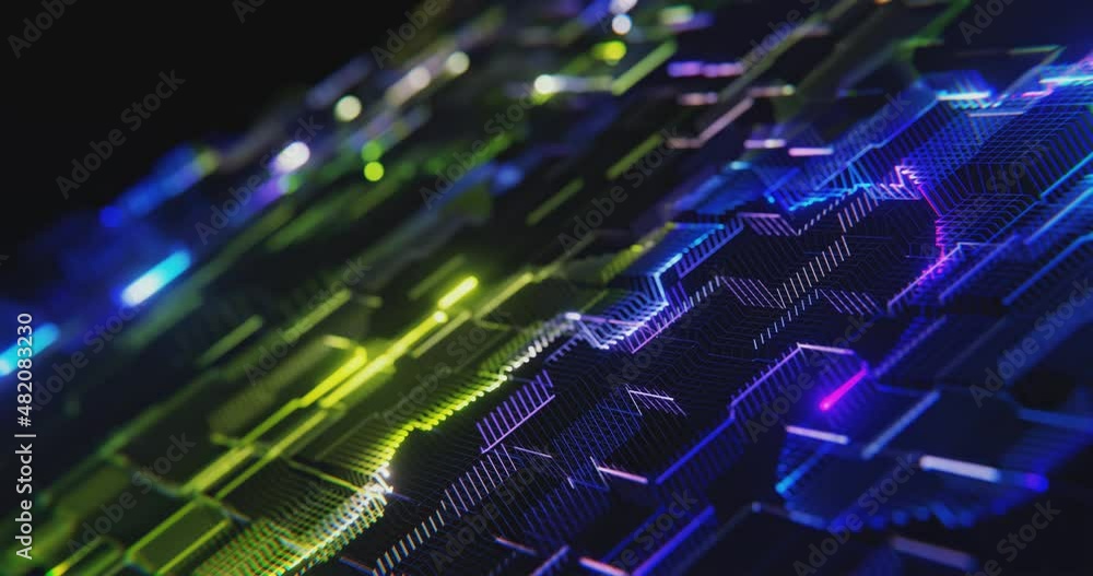 Poster Cyber circuit grid motion graphics on black background. Technology and computer system theme. Futuristic neon light and digital data processing on grid. business and internet backdrop. 4K loop