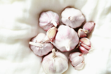 Bulbs of garlic and cloves of garlic on a background of gauze.