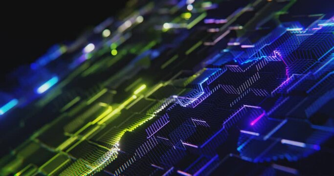 Cyber circuit grid motion graphics on black background. Technology and computer system theme. Futuristic neon light and digital data processing on grid. business and internet backdrop. 4K loop